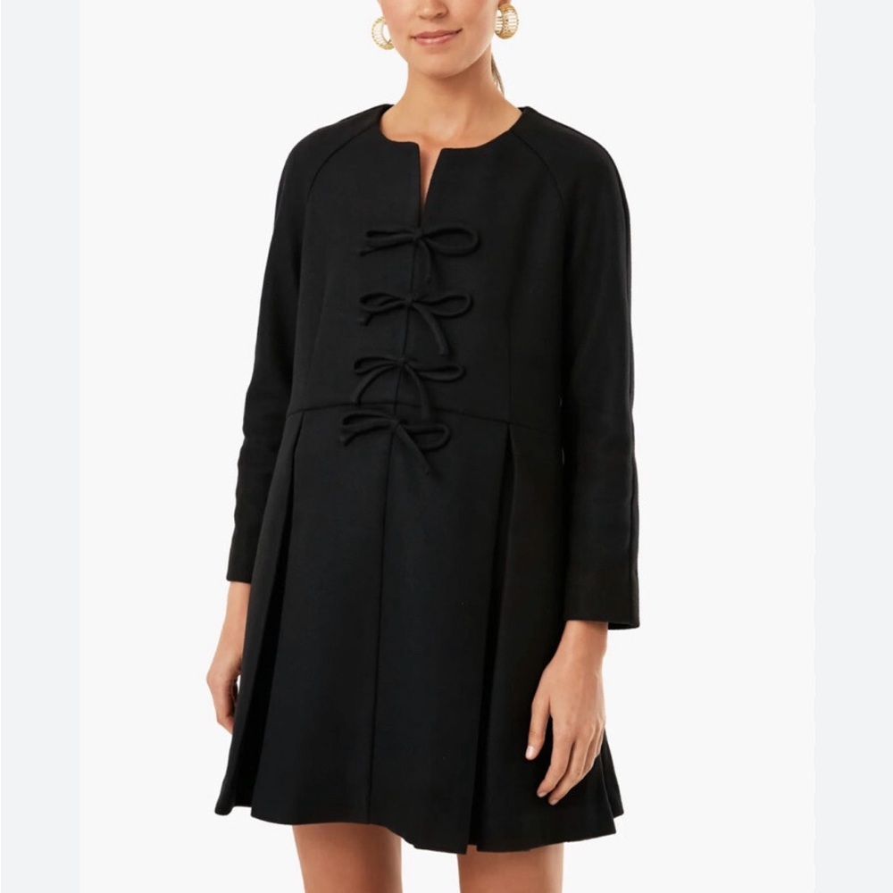 Tuckernuck Black Blair Bow Coat Dress NWT Long Sleeve A-Line Pleated Preppy M